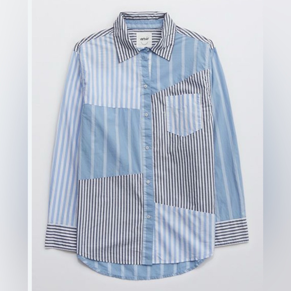 Aerie Patchwork Striped Button Down Shirt Blue Oversized M NWOT